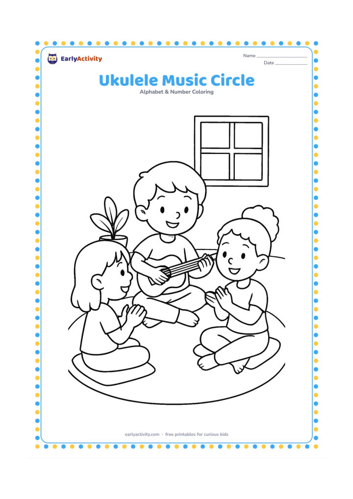 Colouring page: Draw a child strumming a ukulele while sitting in a circle with two friends who clap along. Place the group on a rug with cushions, a small plant and a window in the background.