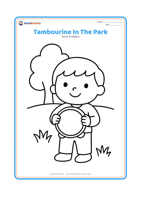Colouring page: A child holding a round tambourine at chest height in a park. Show a tree, broad grass shapes and two large jingles clearly around the instrument.