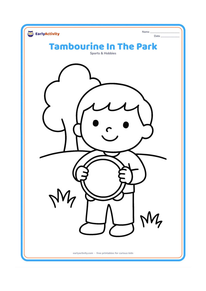 Colouring page: A child holding a round tambourine at chest height in a park. Show a tree, broad grass shapes and two large jingles clearly around the instrument.