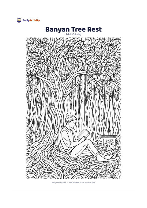 Colouring page: A person rests beneath a large banyan tree while reading a closed, unmarked book, surrounded by hanging roots, broad leaves, grass and a small bench. Arrange the roots, trunk, leaves and…