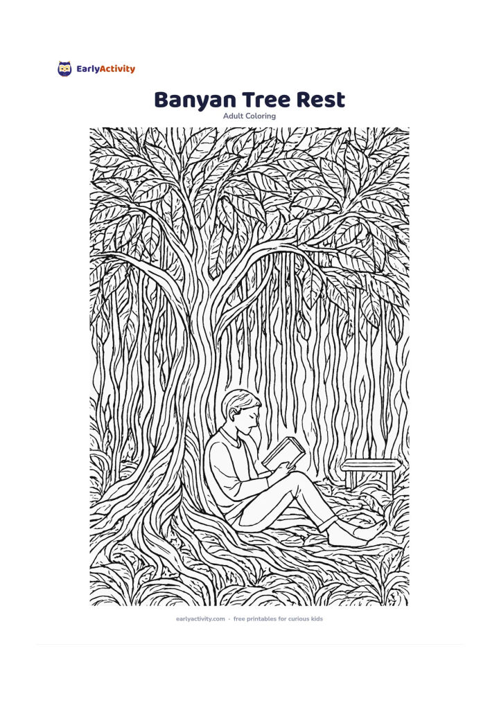 Colouring page: A person rests beneath a large banyan tree while reading a closed, unmarked book, surrounded by hanging roots, broad leaves, grass and a small bench. Arrange the roots, trunk, leaves and…
