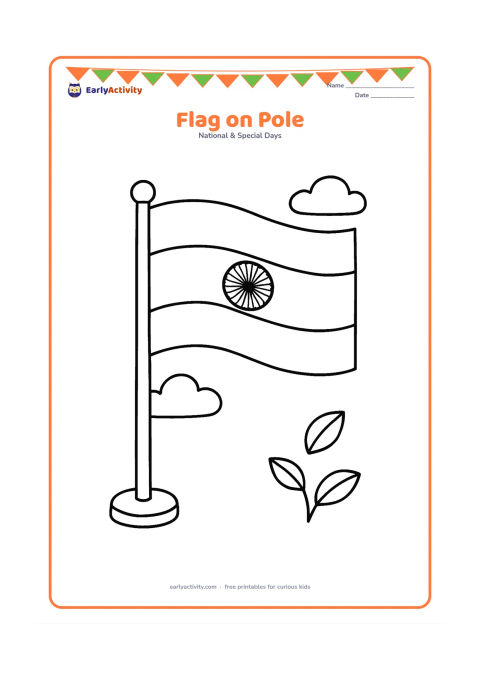 Colouring page: Draw a large Indian national flag flying from a tall pole with a simple rounded base, two small clouds and a few leaves nearby. Keep the flag fully open with three clear horizontal bands…