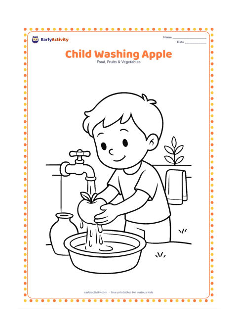 Colouring page: Draw a young child washing an apple at a low outdoor tap over a basin. Include one water pot, a towel and a simple courtyard wall with a plant.