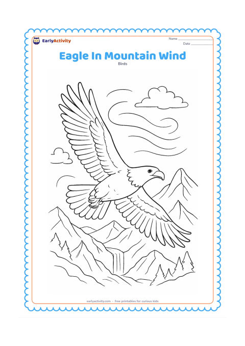 Colouring page: Draw an eagle banking through strong mountain air, with one wing raised and the other lowered. Surround it with curved wind lines, sharp mountain ridges, drifting clouds and a distant…