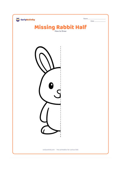 Worksheet: Show the left half of a front-facing rabbit with one ear, one eye, half a nose, half a mouth and half a rounded body, alongside a vertical center guide for children to complete the other…