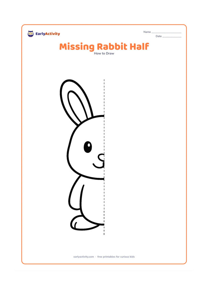 Worksheet: Show the left half of a front-facing rabbit with one ear, one eye, half a nose, half a mouth and half a rounded body, alongside a vertical center guide for children to complete the other…