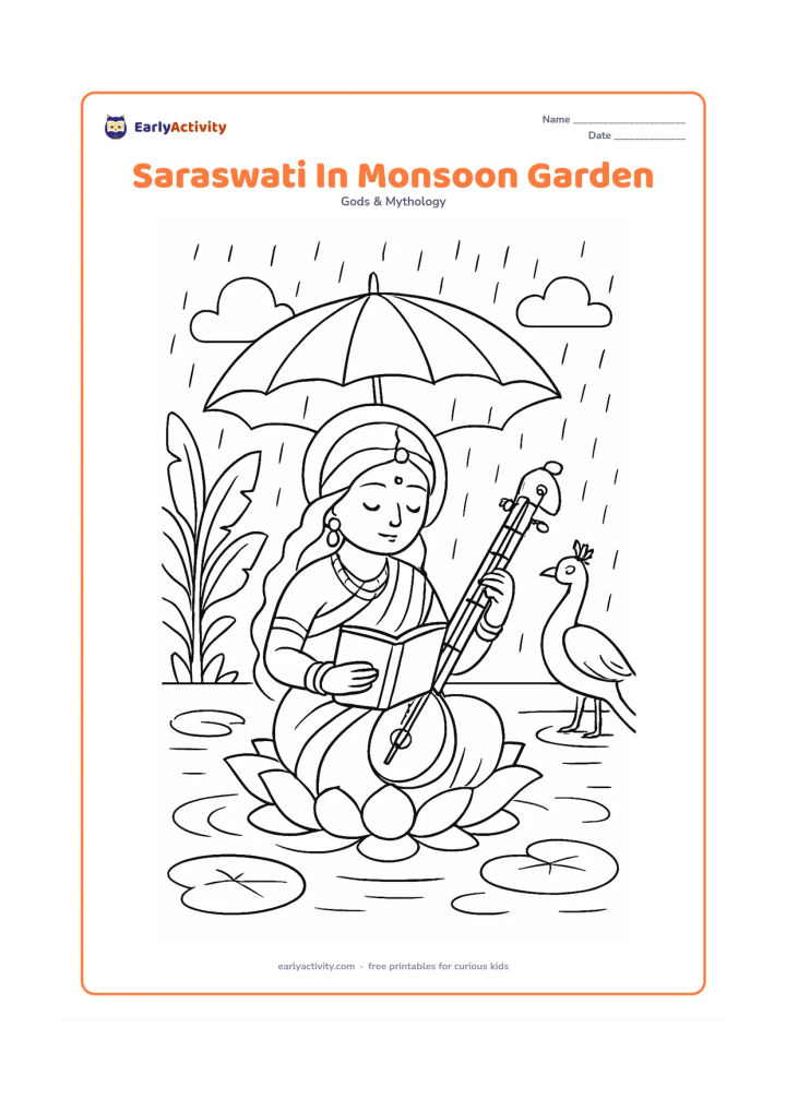 Colouring page: Saraswati sits beneath a broad umbrella while protecting a blank book from gentle rain, with her veena resting beside her. Include puddles, lotus leaves, a peacock, banana plants, and…