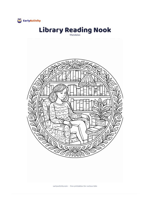 Colouring page: Create a circular mandala with an adult relaxing in a cushioned chair beside a small table and a blank open book, surrounded by plants and shelves of closed, pattern-only book spines.…