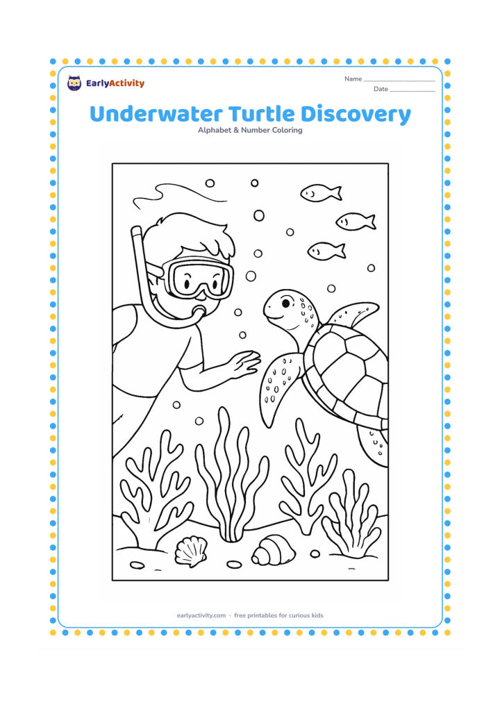 Colouring page: Draw a child in safe snorkelling gear observing a sea turtle under the water, with coral, seaweed, bubbles, shells and small fish around them. Keep the scene peaceful and avoid…