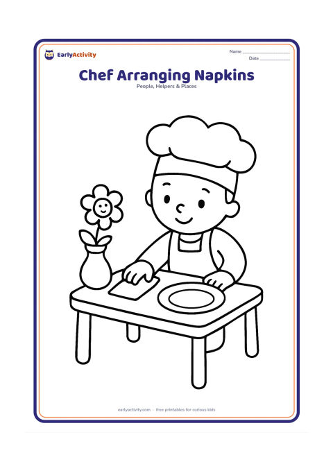 Colouring page: A child chef wearing a hat places folded napkins beside plates on a small dining table. Show a simple vase with one flower and a few large plates.