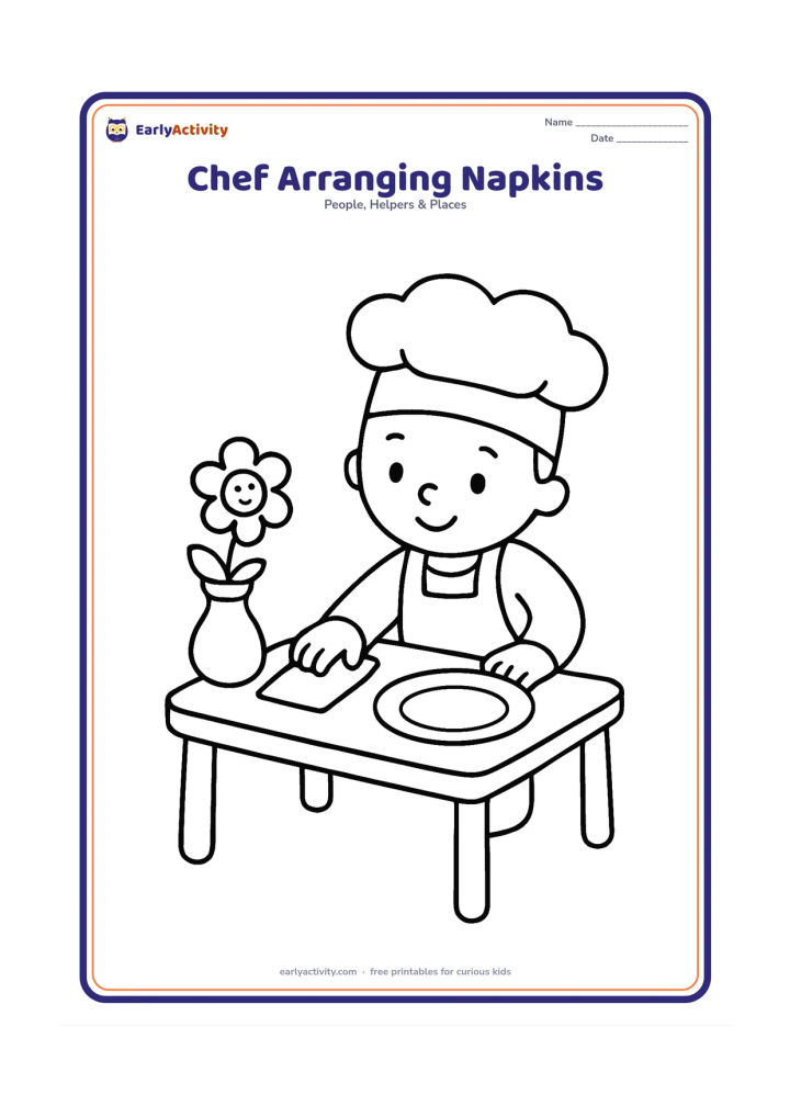 Colouring page: A child chef wearing a hat places folded napkins beside plates on a small dining table. Show a simple vase with one flower and a few large plates.