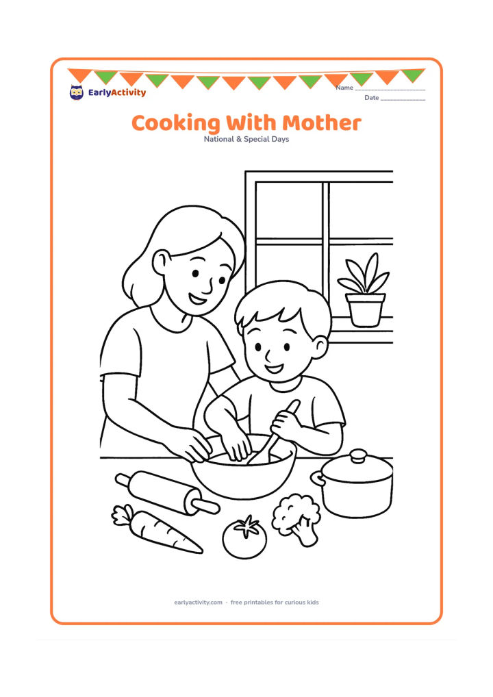 Colouring page: A mother and child prepare a simple meal together at a kitchen counter, with the mother guiding the child as they stir a bowl. Show vegetables, a rolling pin, a covered pot and a window…