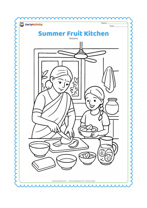 Colouring page: In an airy Indian kitchen, an adult and child prepare mango slices and lemonade near a window, with a ceiling fan, steel bowls, a clay water pot, cotton towels and sunlit plants outside.