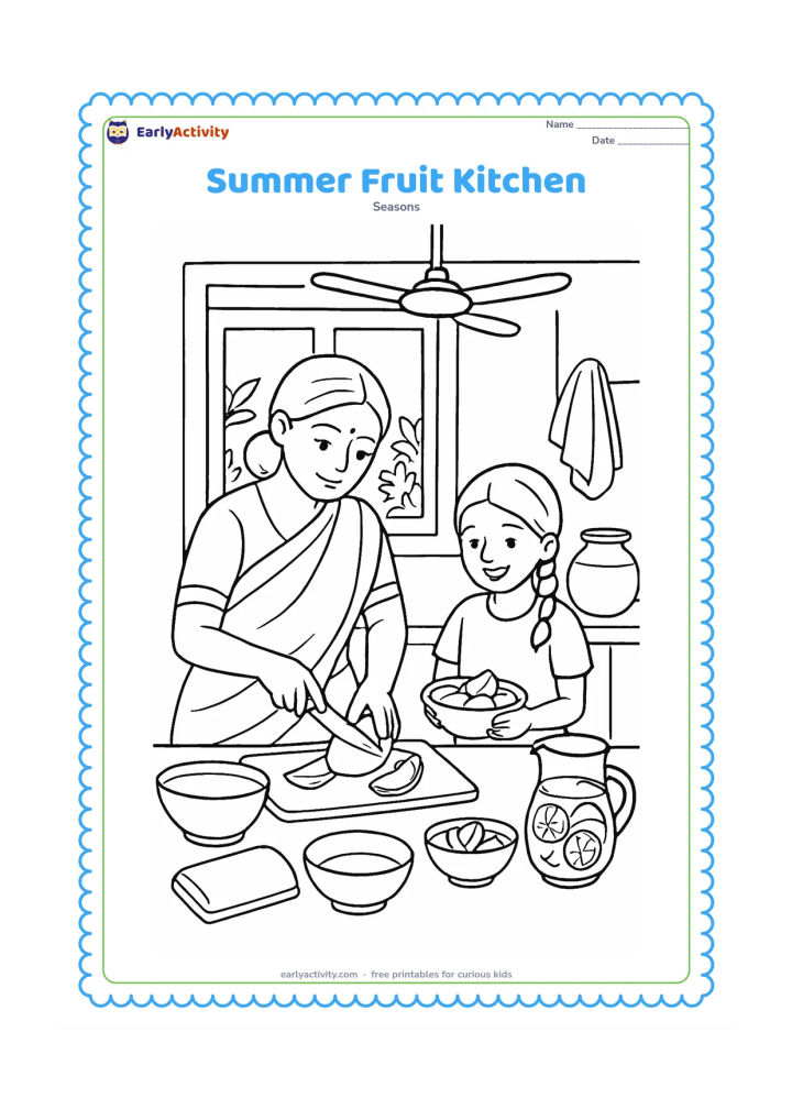 Colouring page: In an airy Indian kitchen, an adult and child prepare mango slices and lemonade near a window, with a ceiling fan, steel bowls, a clay water pot, cotton towels and sunlit plants outside.