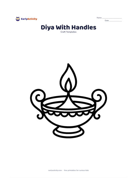 Worksheet: A balanced diya has two curled side handles, a patterned rim, and one flame, centered like a decorative Indian festival lamp.