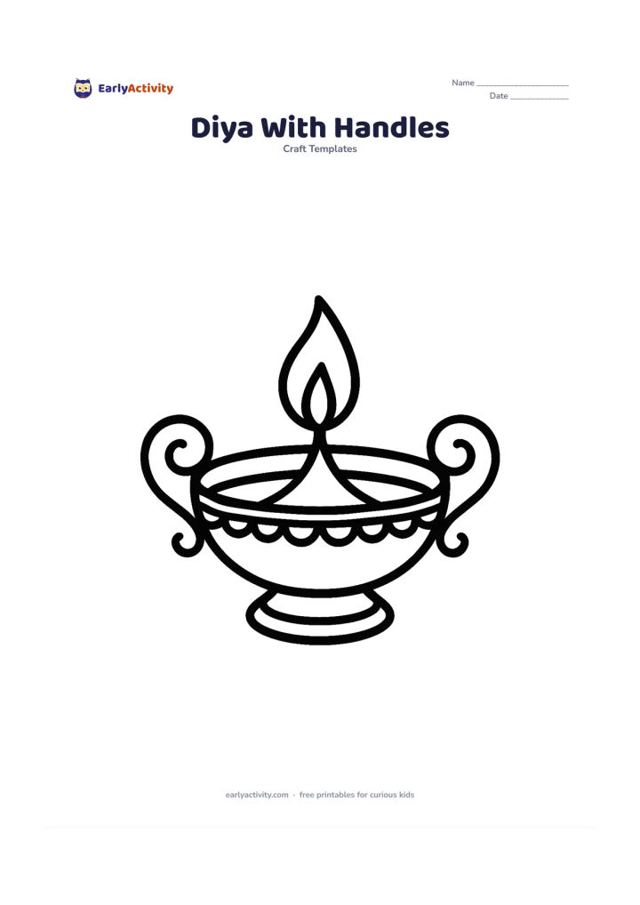 Worksheet: A balanced diya has two curled side handles, a patterned rim, and one flame, centered like a decorative Indian festival lamp.