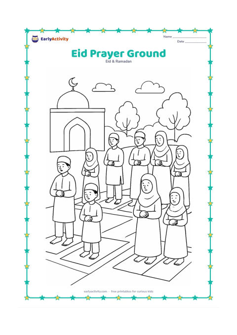 Colouring page: Families stand in orderly prayer rows on mats in an open Eid prayer ground, with a simple stage-like mosque wall, trees and early morning sky behind them. Include adults and children in…