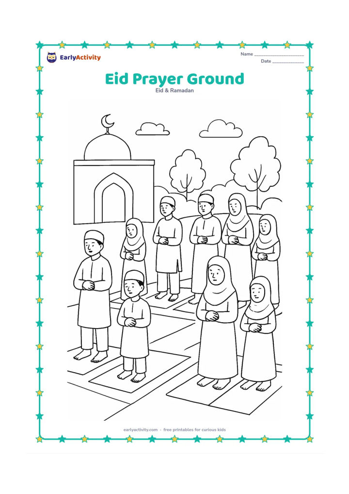 Colouring page: Families stand in orderly prayer rows on mats in an open Eid prayer ground, with a simple stage-like mosque wall, trees and early morning sky behind them. Include adults and children in…