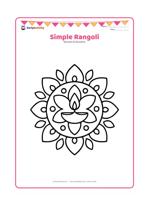 Colouring page: Draw a large symmetrical rangoli made from petals, circles, leaves, and broad curved shapes, with one diya in the centre. Keep the design low to the ground and uncluttered.