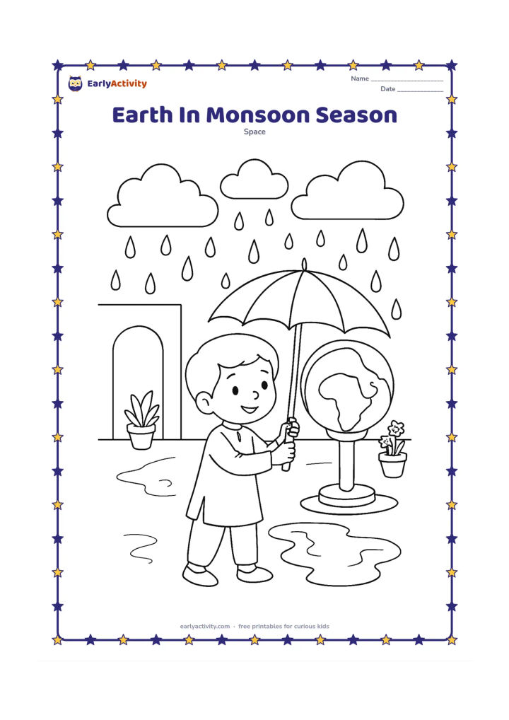 Colouring page: A child in an Indian courtyard holds an umbrella beside a large Earth on a low stand, while broad rain drops fall from clouds and a small puddle reflects the planet. Add a simple doorway…