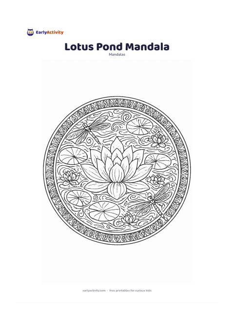 Colouring page: Create a circular mandala with a blooming lotus at the centre, surrounded by layered petals, lily pads, curling water lines and small pond flowers. Add two resting dragonflies and an…