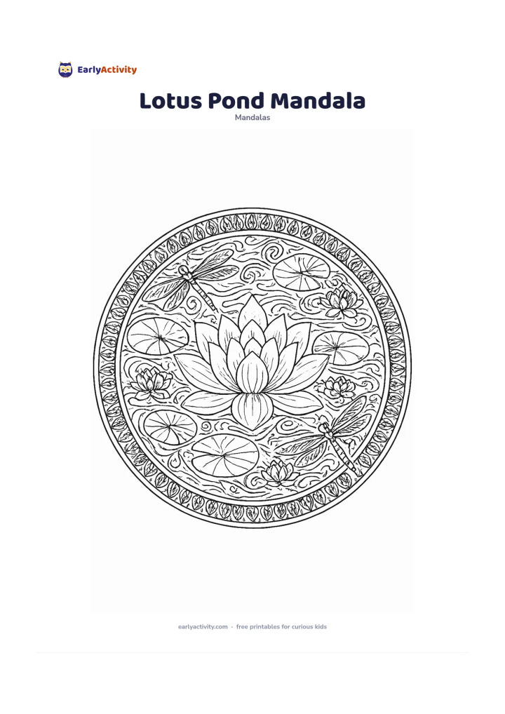 Colouring page: Create a circular mandala with a blooming lotus at the centre, surrounded by layered petals, lily pads, curling water lines and small pond flowers. Add two resting dragonflies and an…