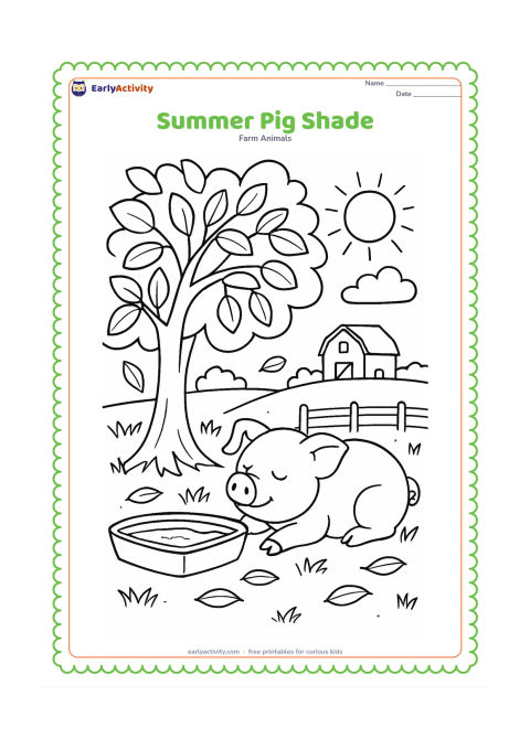 Colouring page: A pig rests in the shade of a large leafy tree beside a shallow water trough on a sunny summer day. Include layered grass, a distant barn, a fence and several fallen leaves.