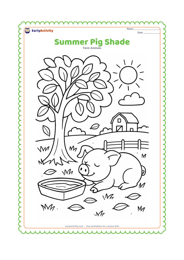 Colouring page: A pig rests in the shade of a large leafy tree beside a shallow water trough on a sunny summer day. Include layered grass, a distant barn, a fence and several fallen leaves.
