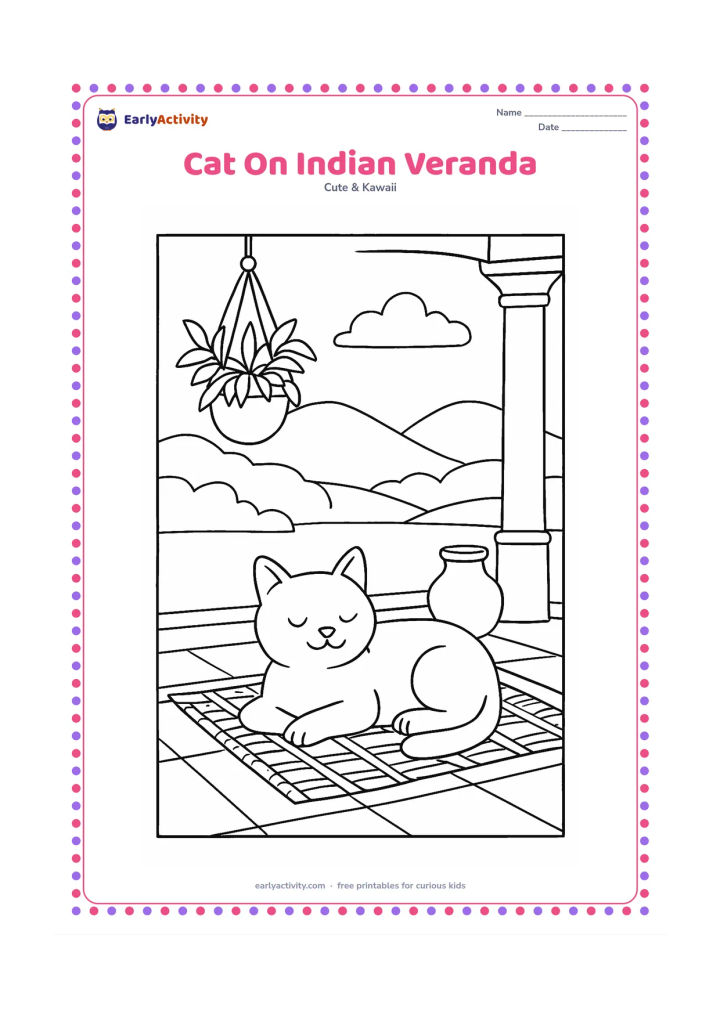 Colouring page: Draw a relaxed cat lying on a woven mat on an Indian veranda, with a clay pot, hanging plant and open view of rounded hills beyond. Include broad floor tiles and a simple pillar.