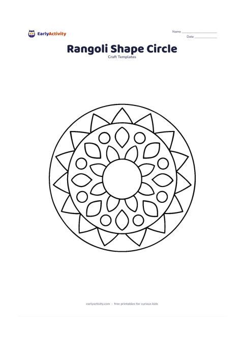 Worksheet: Draw a large circular rangoli-inspired arrangement made from repeated triangles, diamonds, circles and petals around a clear central circle. Keep all elements as open outlines with…