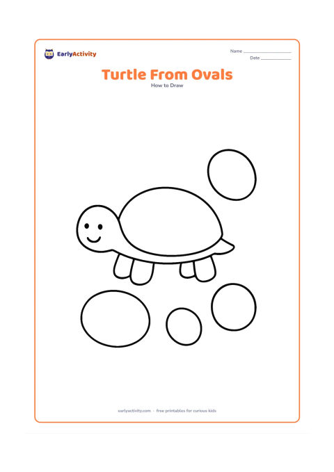 Worksheet: Show a turtle assembled from a big oval shell, smaller oval head and four oval legs, with the separate shapes lightly indicated around the finished turtle. Keep the turtle facing left on…