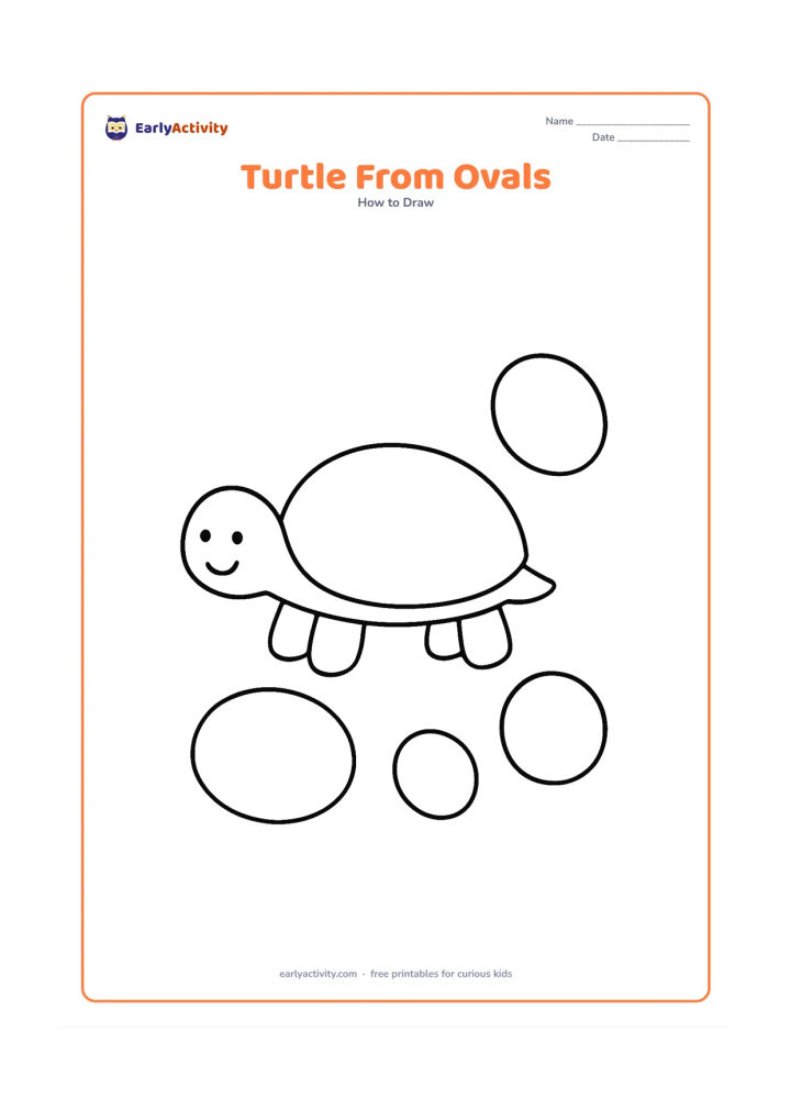 Worksheet: Show a turtle assembled from a big oval shell, smaller oval head and four oval legs, with the separate shapes lightly indicated around the finished turtle. Keep the turtle facing left on…