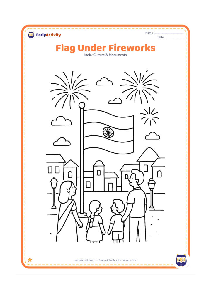 Colouring page: Draw an Indian flag raised in a town square at dusk, with families watching small bursts of fireworks in the sky. Include simple buildings and lamps, with no writing on any building.