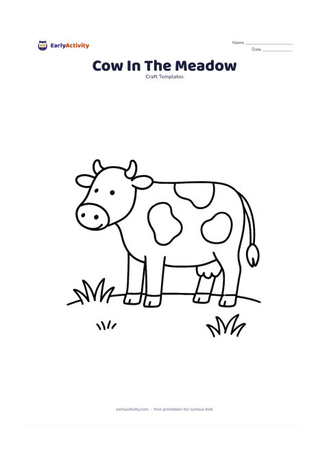 Worksheet: Draw a standing cow facing left, with a large body, short legs, a clear tail and three oversized irregular patch shapes. Place it on a simple meadow with two wide grass clumps.