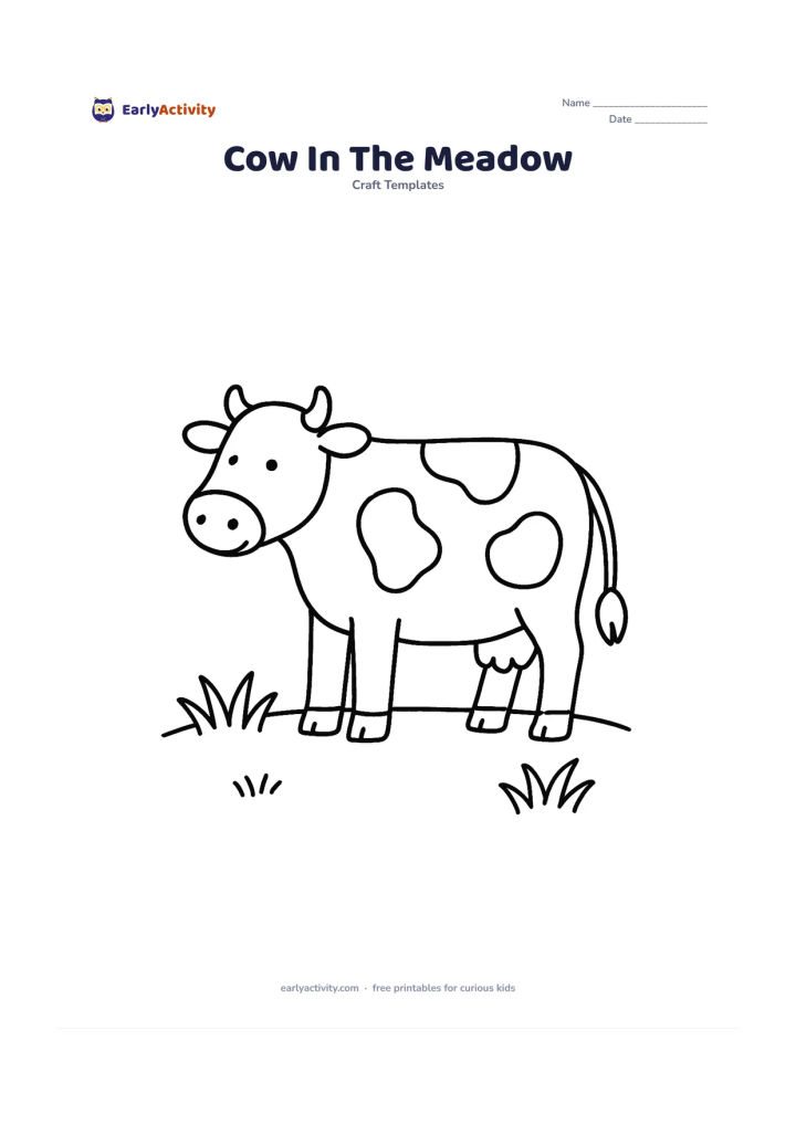 Worksheet: Draw a standing cow facing left, with a large body, short legs, a clear tail and three oversized irregular patch shapes. Place it on a simple meadow with two wide grass clumps.