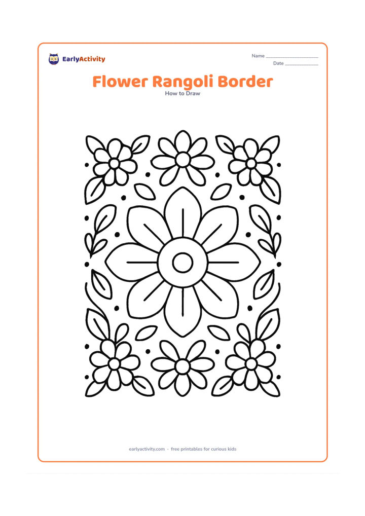 Worksheet: A large central flower is surrounded by a symmetrical border of petals, leaves and simple dots inspired by a floral rangoli pattern. Keep the design entirely made from flower and leaf…