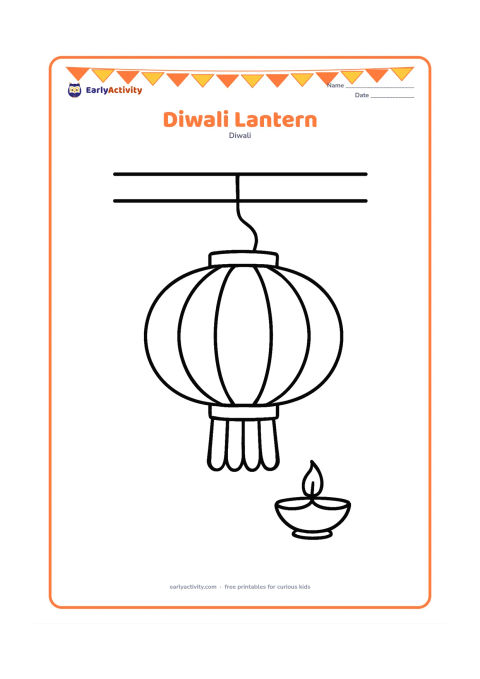 Colouring page: A large hanging paper lantern with simple panels and tassels hangs from a plain ceiling beam. Add one curved string and a small diya on the floor below.