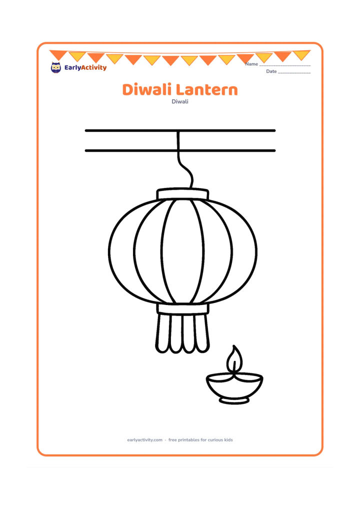 Colouring page: A large hanging paper lantern with simple panels and tassels hangs from a plain ceiling beam. Add one curved string and a small diya on the floor below.