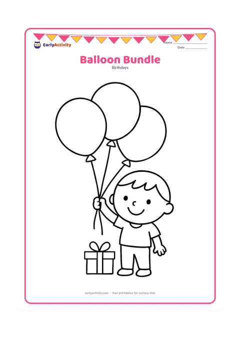 Colouring page: A smiling child holds three oversized balloons tied with simple ribbons beside a small wrapped gift. Leave plenty of open space around the child and balloons.
