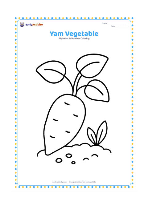 Colouring page: Draw one large yam with leafy stems beside a small patch of loose soil and two simple leaves.