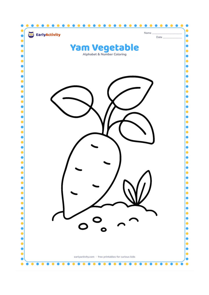 Colouring page: Draw one large yam with leafy stems beside a small patch of loose soil and two simple leaves.