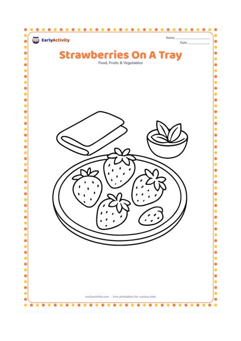 Colouring page: Draw a round serving tray carrying five strawberries, with a folded cloth and a small bowl of leaves beside it on a table.