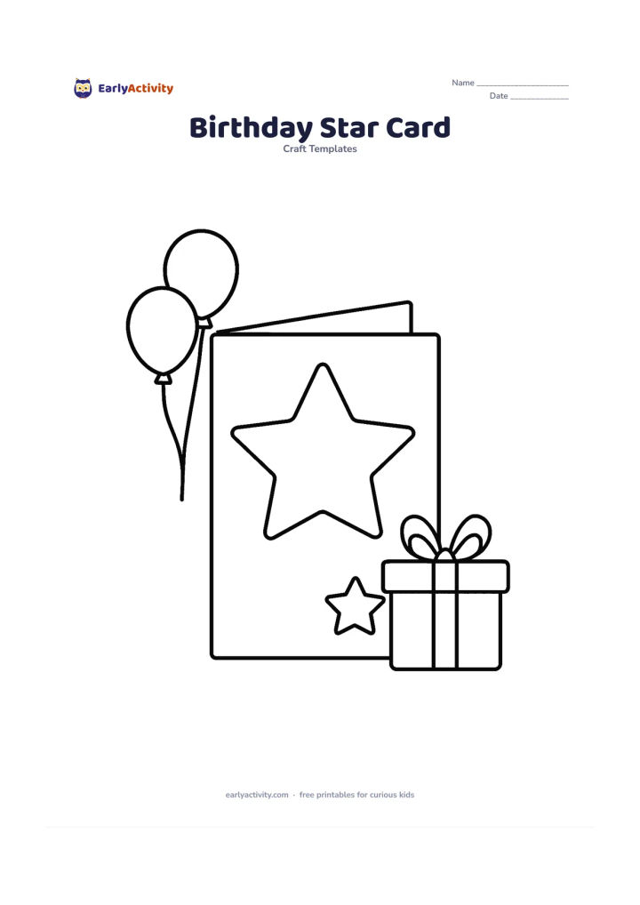 Worksheet: Draw a folded card outline with a large star-shaped panel on the front and a smaller blank star beside it as a decoration piece. Include balloons and a gift outline in the background,…