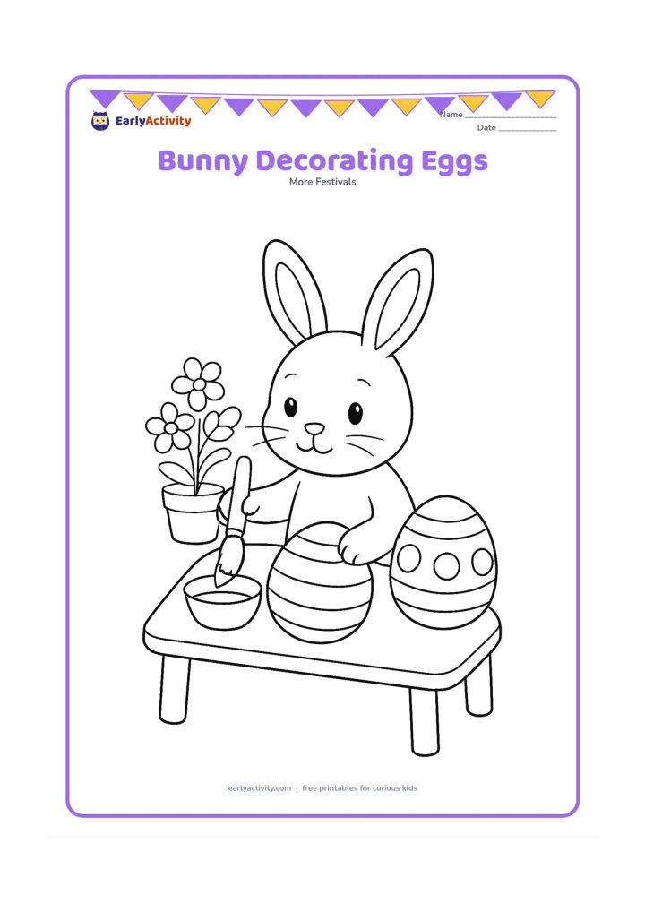 Colouring page: A bunny sits at a low table painting two large Easter eggs, with a small bowl of paint and a broad brush on the table. Add a few simple flowers in a pot behind the table.