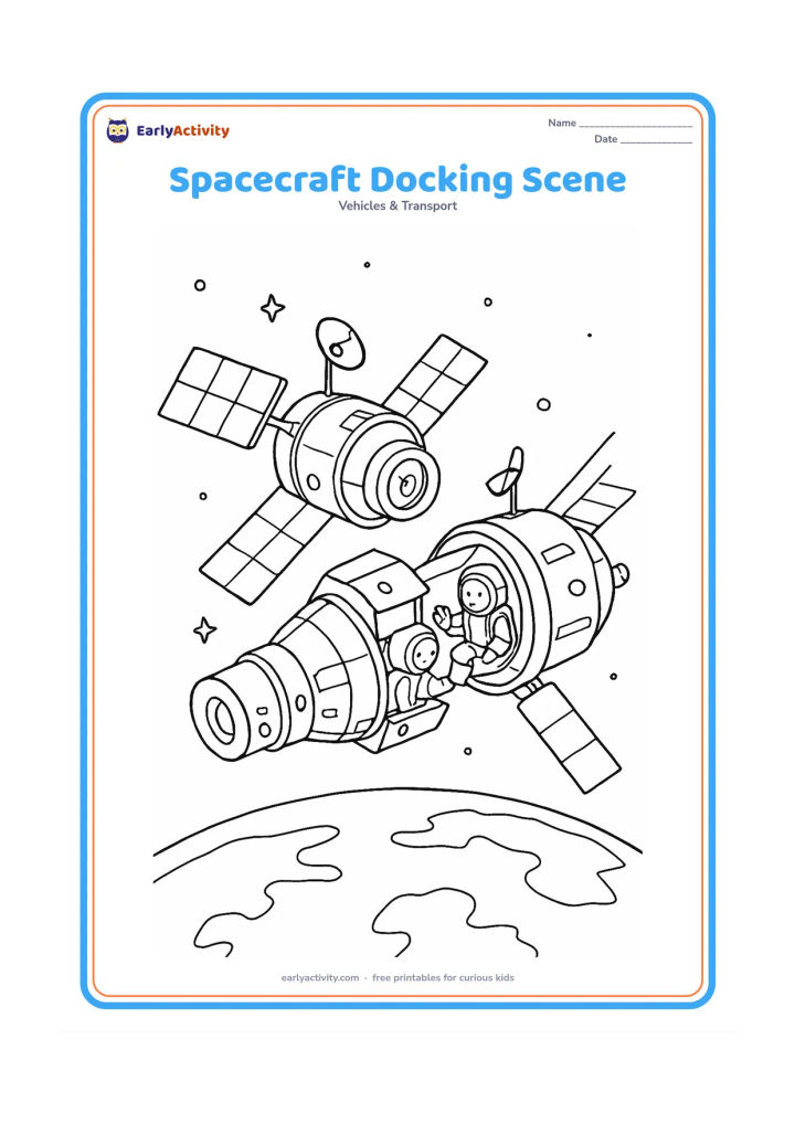 Colouring page: Draw two spacecraft carefully docking in orbit, showing hatches, solar panels, antennas, astronauts in one open airlock and a curved Earth horizon below.