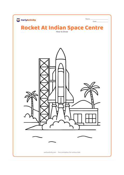 Worksheet: A detailed rocket stands on a launch tower beside a low modern space-centre building, with support arms, windows, fins, panel sections and exhaust clouds. Add a few palm trees and…