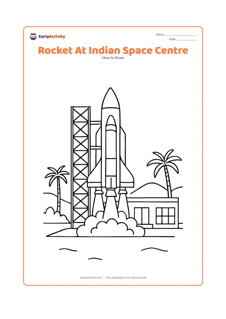 Worksheet: A detailed rocket stands on a launch tower beside a low modern space-centre building, with support arms, windows, fins, panel sections and exhaust clouds. Add a few palm trees and…