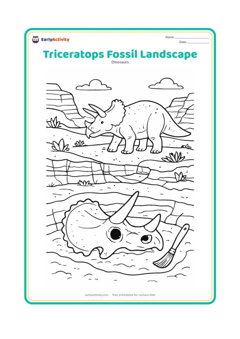 Colouring page: A peaceful fossil-hunter scene shows a triceratops in the background of a rocky North American-style badlands landscape, while a partial fossilized frill and horn are visible in a…