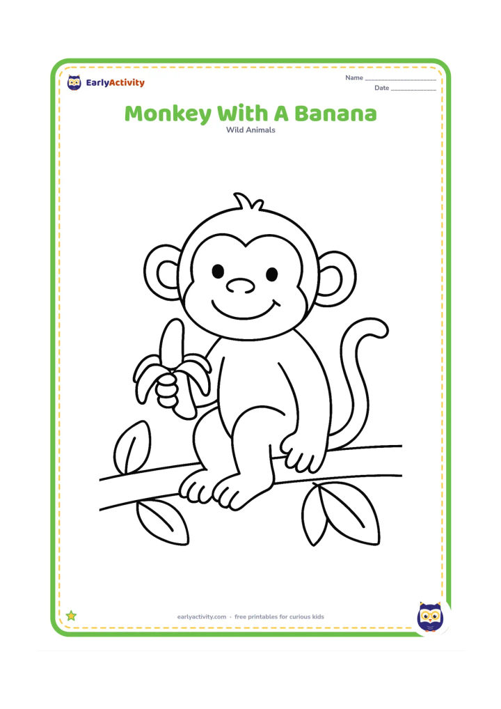 Colouring page: A smiling monkey sits on a low branch while holding a peeled banana. Add one thick branch and a few oversized leaves.