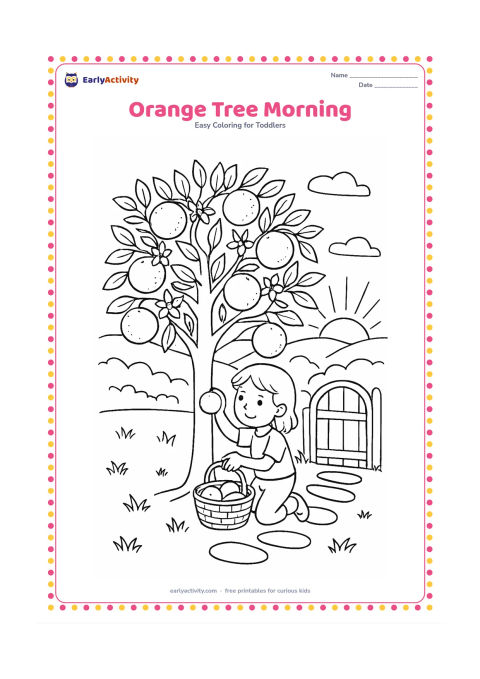 Colouring page: Draw an orange tree in a garden at sunrise, with ripe fruit, blossoms and a child filling a basket near the trunk. Add a garden gate, stepping stones, distant hills and a few soft clouds.